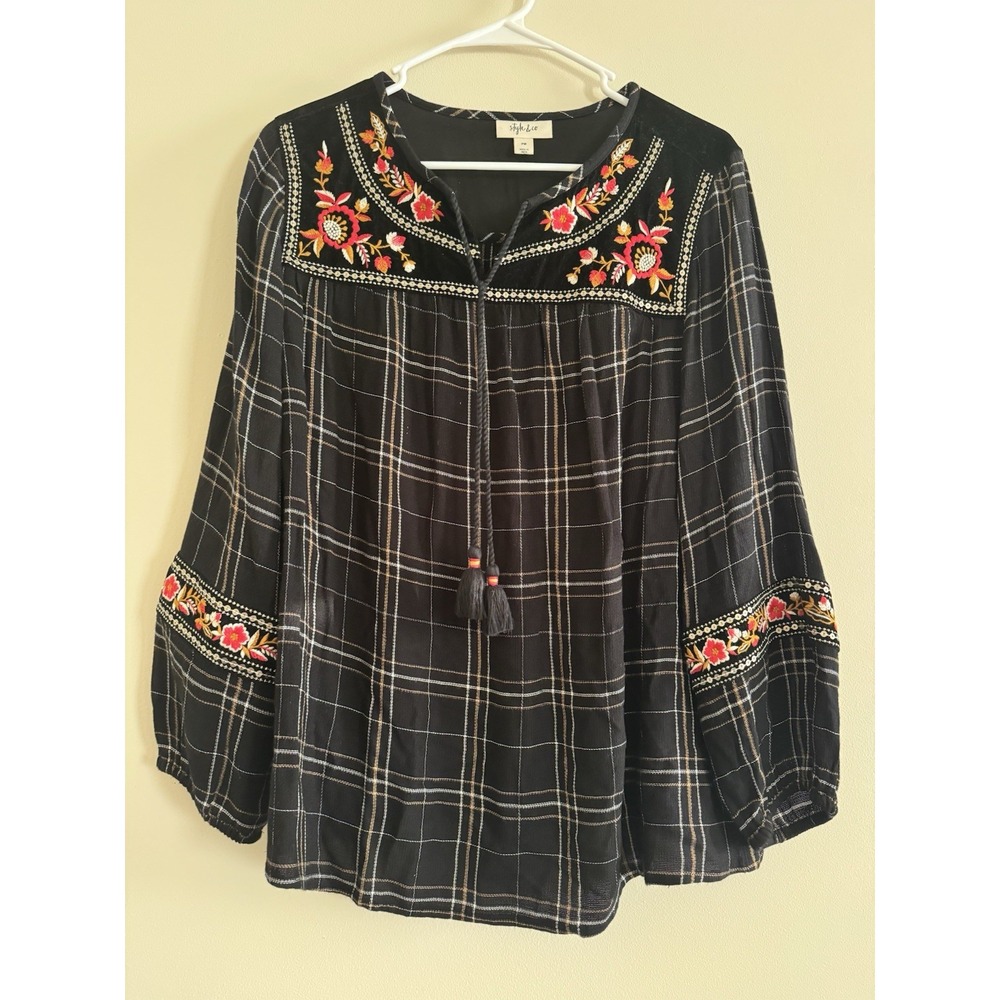 Style & Co Plaid Floral Embroidered Peasant Blouse Velvet Yoke Boho Top